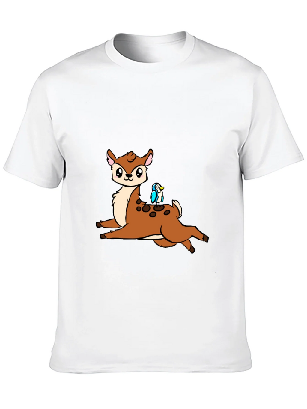 Cute Cartoon Deer & Bird Black T-Shirt
