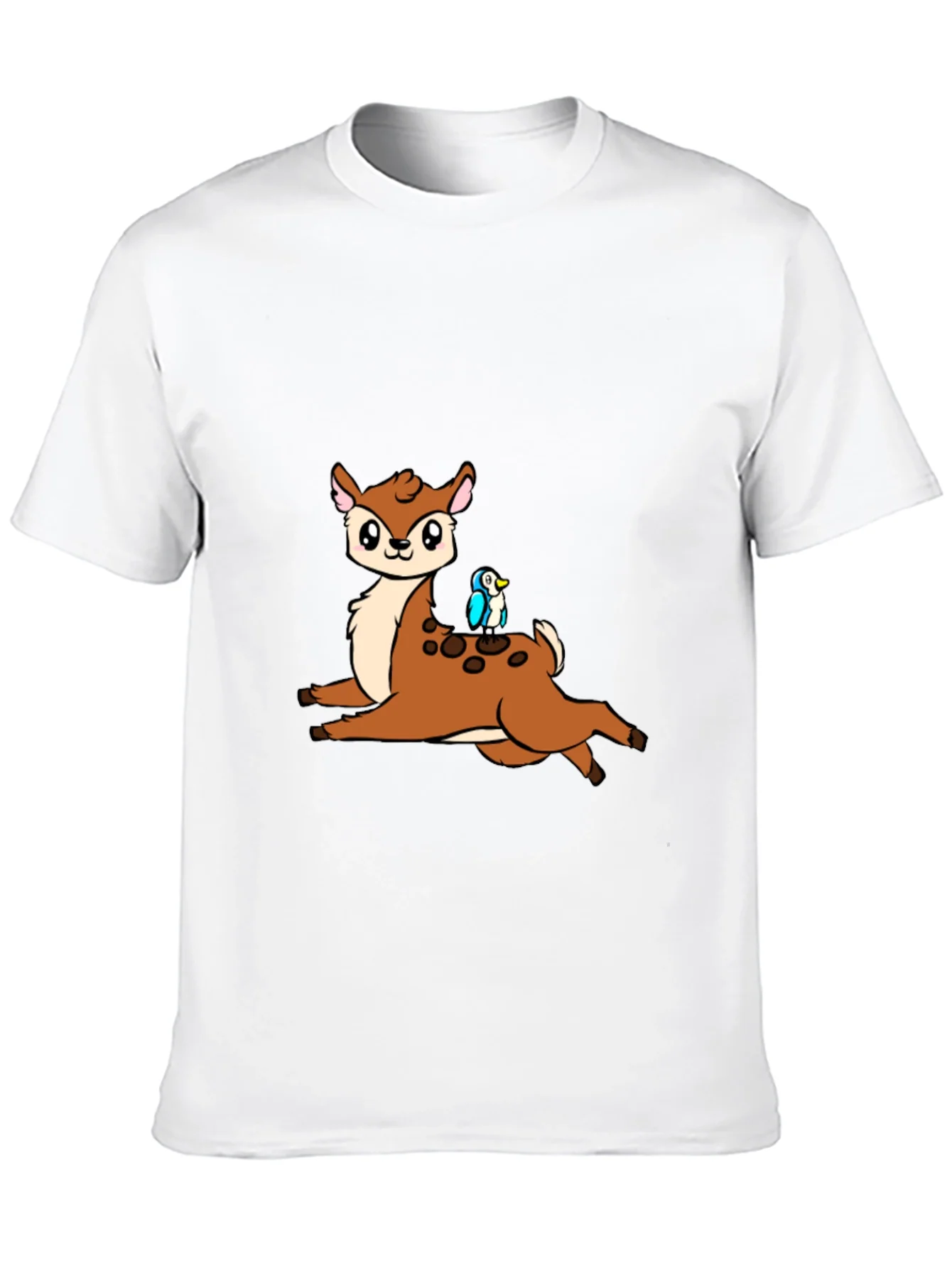 Cute Cartoon Deer & Bird Black T-Shirt