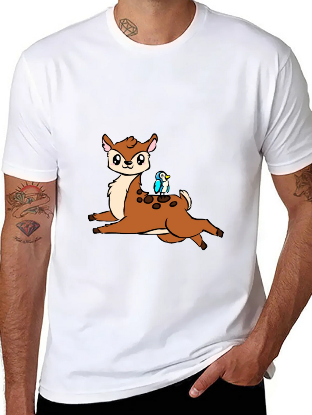 Cute Cartoon Deer & Bird Black T-Shirt