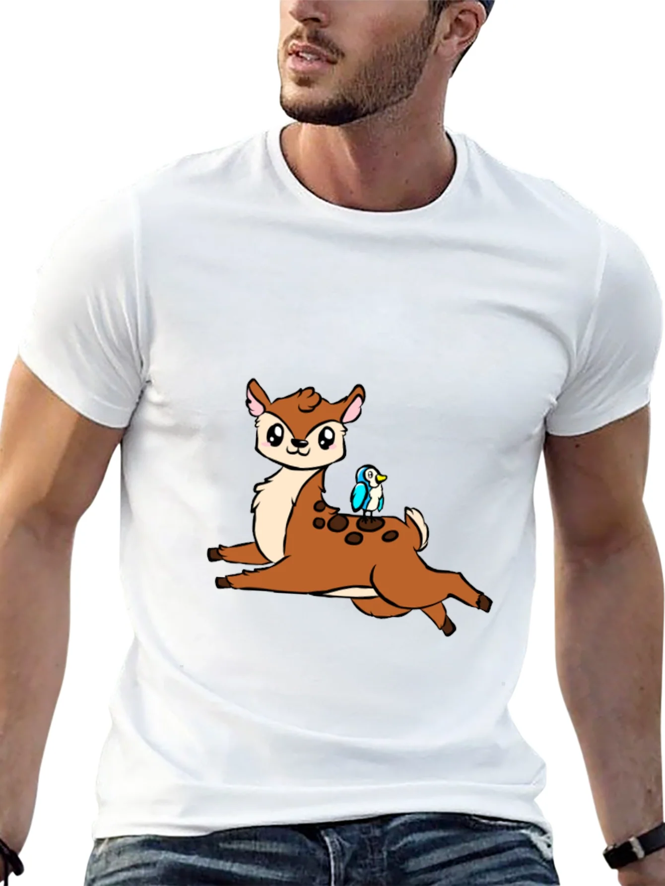 Cute Cartoon Deer & Bird Black T-Shirt
