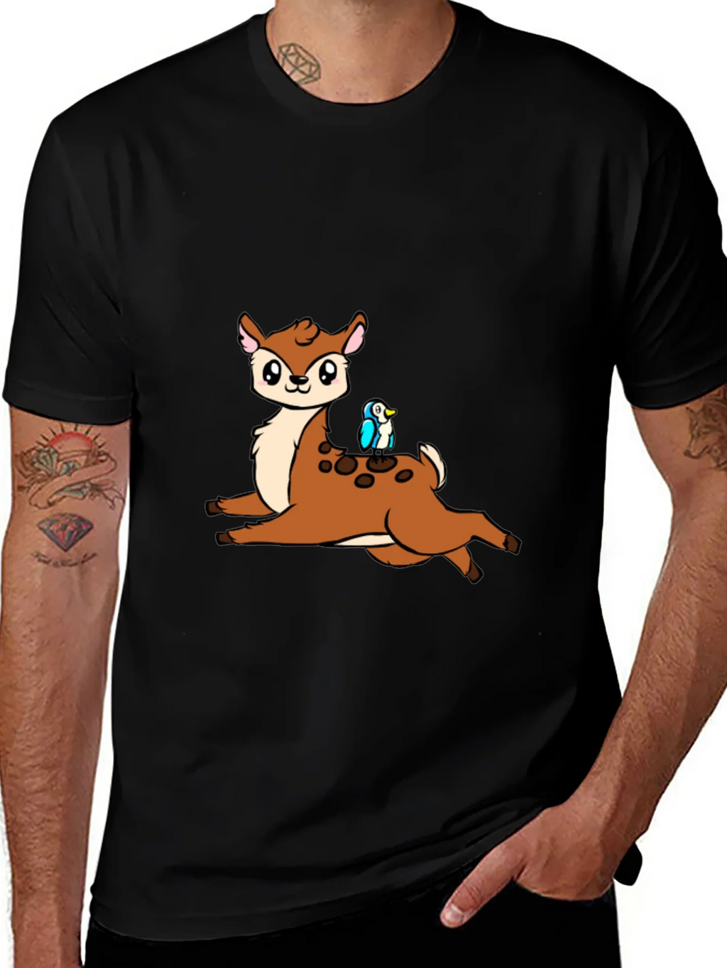 Cute Cartoon Deer & Bird Black T-Shirt