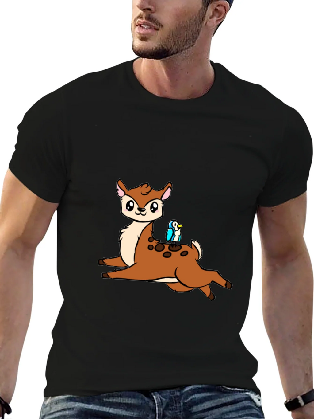 Cute Cartoon Deer & Bird Black T-Shirt