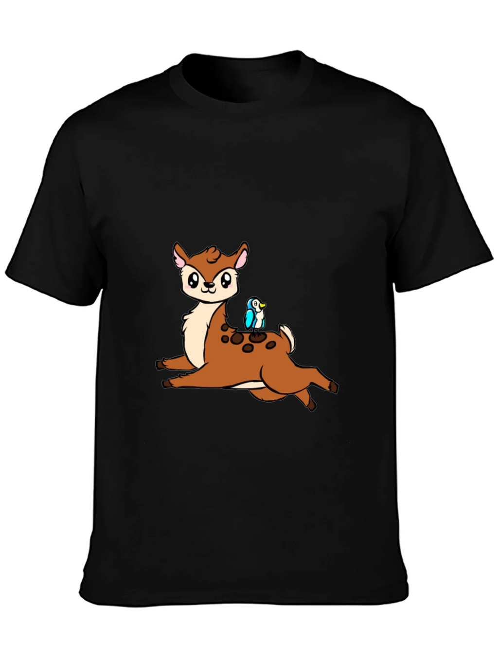 Cute Cartoon Deer & Bird Black T-Shirt