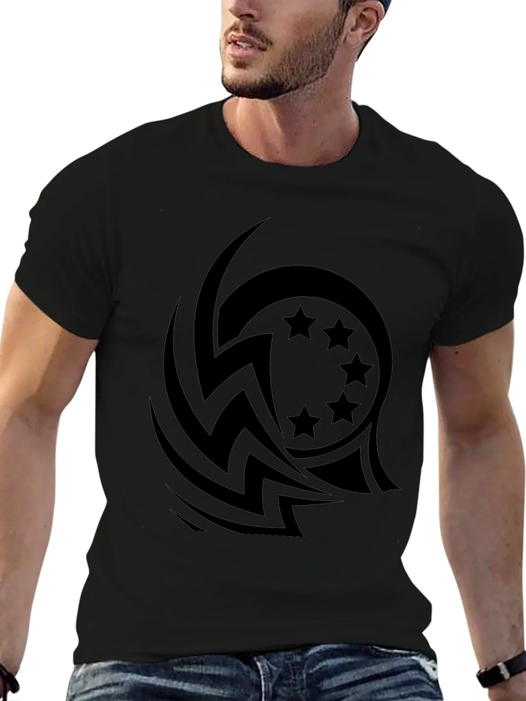Stylish Black Tee with Tribal Star Design