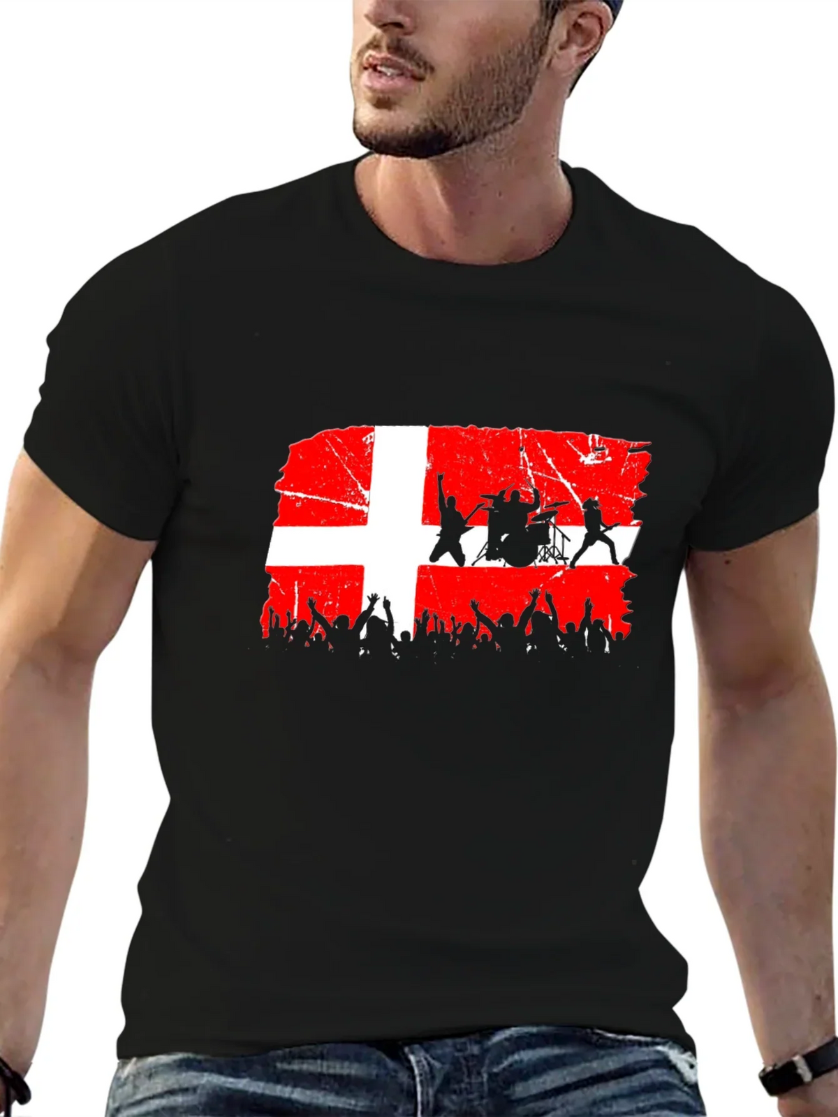 Denmark Flag Rock Band Concert Black T-Shirt